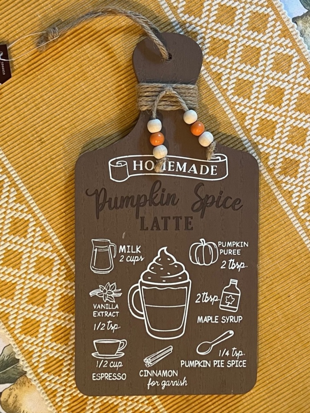 Pumpkin Spice Latte Recipe Serving Board/Wall Decor w Rope & Bead Trim Handle